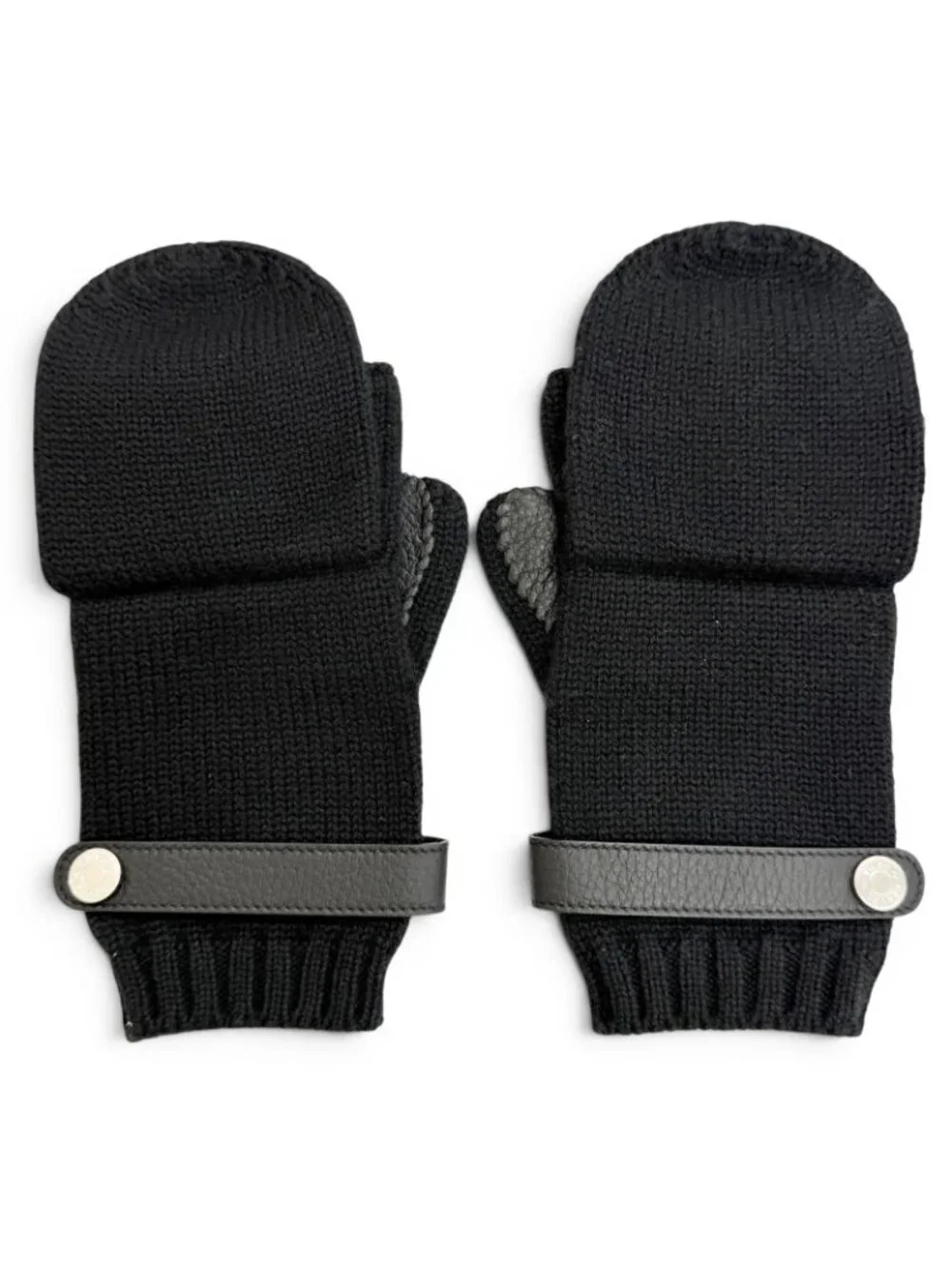 Hermes Lionel Cashmere 100% Series Button Deerskin Leather Knit Gloves Mittens